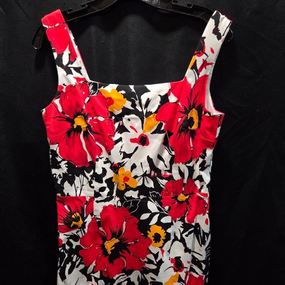 David Meister Dress 8 Red Floral Sheath Square Neck Cotton Blend EUC - Picture 8 of 13